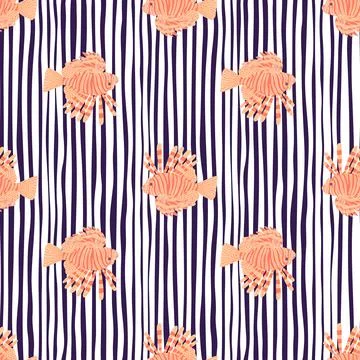 Light orange lionfish elements seamless pattern in doodle style. Black and wh Stock Illustration