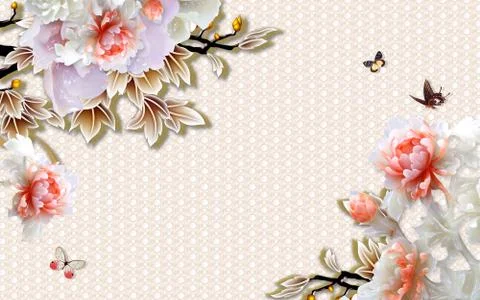 Light ornamental background, large ceramic pink and white peonies Stock Illustration