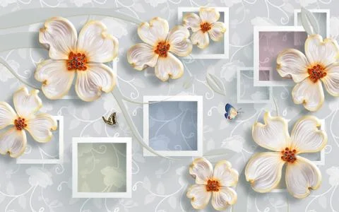 Light ornamental background, white frames large white abstract flowers Stock Illustration
