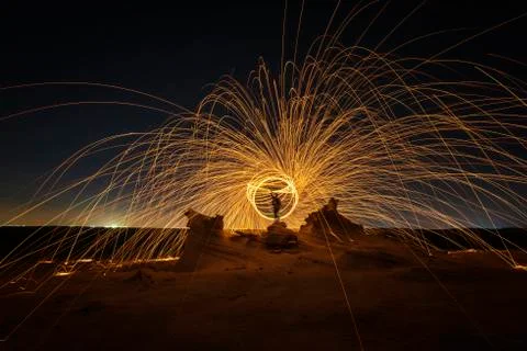 Light Paining/Steel wool photography at rock structure Stock Photos