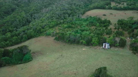 Light pan of plain surrounded by forest with cabin 스톡 동영상 340993202