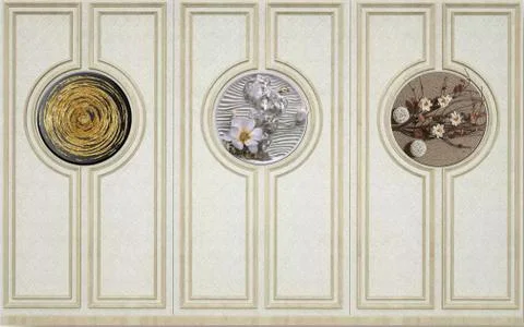 Light panel with vertical wooden frames, floral and abstract round inserts Stock Illustration