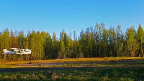 Light passenger plane lands at a private airport Stock Footage 90083978