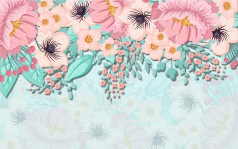 Light pastel background, large beige and pink flowers hanging from above Stock Illustration