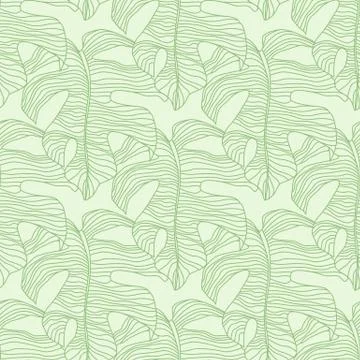 Light pastel seamless pattern with green contoured monstera vintage shapes. W Stock Illustration
