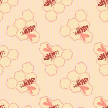 Light pastel seamless pattern with honeycombs and bees ornament. Simple print イラスト素材