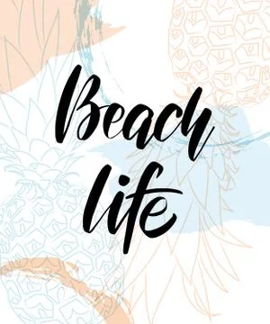 Light pastel summer design with pineapples, hand lettering and textured stains Stockillustratie