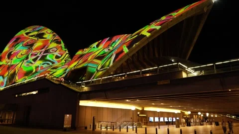 Light patterns move on Sydney Opera House during VIVID 4K Stock Footage 331772238