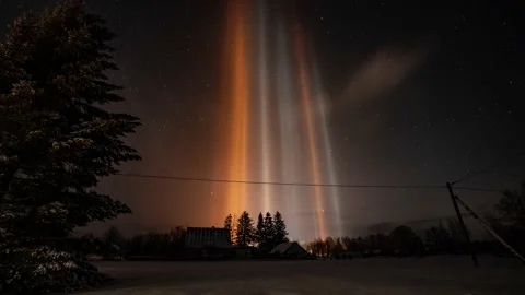 Light Pillars result from a rare meteorological phenomena. Stock Footage 148034514