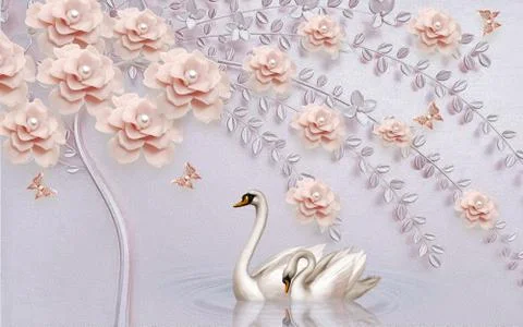 Light pink background, a curved tree with pink pearl flowers, a pair of swans Stock Illustration