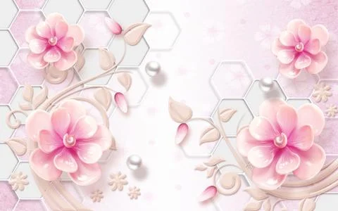 Light pink background with hexagons, pearls, large fabulous flowers Stock Illustration