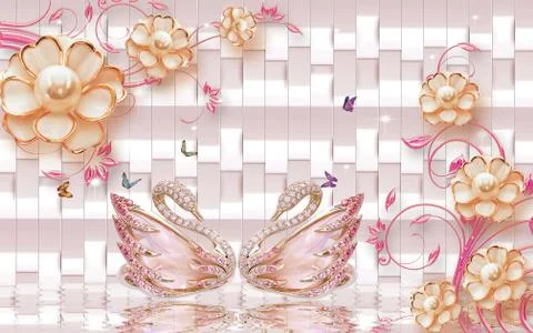 Light pink background, a pair of gold swans, ceramic gilded ornamental flowers Stock Illustration