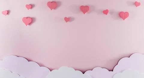 Light pink background with paper clouds and pink hearts. Valentine s Day a... Stock Photos