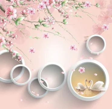 Light pink background, white rings, branches with pink flowers, two swans Stock Illustration