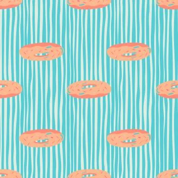 Light pink donuts seamless pattern. Bright summer food print with blue stripp Stock Illustration