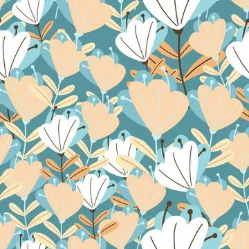 Light pink doodle flowers elements seamless doodle pattern. Blue background.  イラスト素材