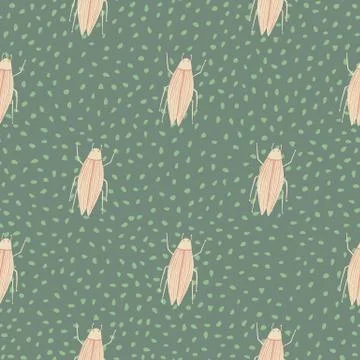 Light pink insects seamless pattern. Dotted pale green background. Simple exo Stock Illustration