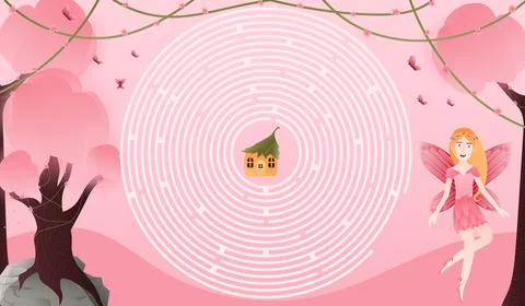 Light pink labyrinth wit cute fairy character, help find way to magic house Stock Illustration