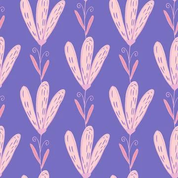 Light pink simple flowers elements seamless pattern in hand drawn style. Purp Stock Illustration