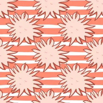 Light pink sun faces elements seamless doodle pattern. Striped background wit Stock Illustration