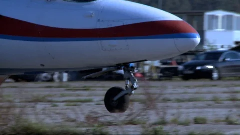 Light plane shassis on a runway view Stock Footage 88357539