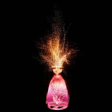 Light pods of light shoot out of the bottle that glows like magic. Multi-co.. Stock Photos