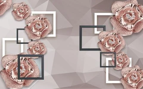 Light polygonal background, rectangular frames, abstract golden roses Stock Illustration