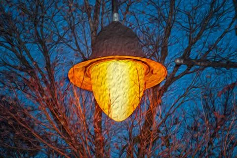 Light post among tree branches at nightfall Stock Illustration