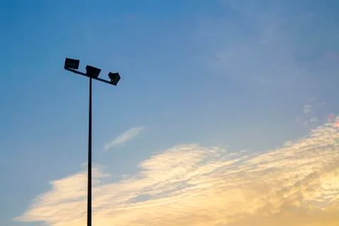 Light Post With Blue Sky Background and multi light on everning Stock Photos