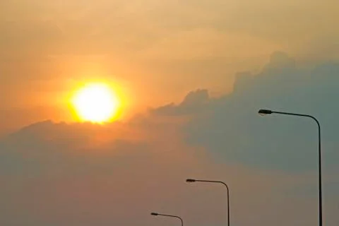 Light Post With Blue Sky Background and multi light on everning Stock Photos