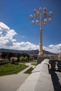 Light post in Tsminda Sameba Cathedral park Stock Photos