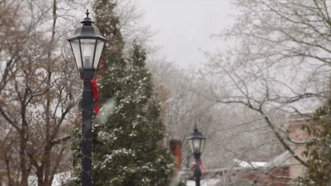 Light posts decorated with Christmas lights &amp; festive bows during Winter snow Stock-Footage 120797851