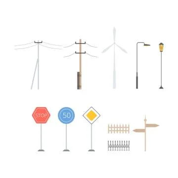 Light posts, traffic signs, direction pointers, fences, windmill, collection of 库存插图