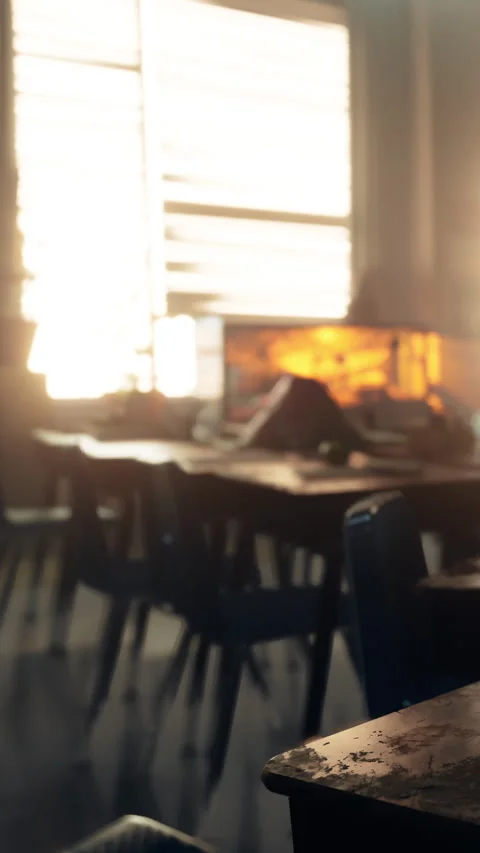 Light pours into a room with chairs lined up around a table in a warm setting Stock Footage 339414819