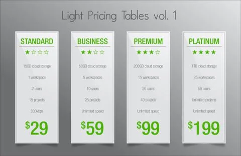 Light pricing tables - set of four price banner templates Stock Illustration
