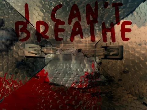 Light projector and red paint text I can't breathe Stock Photos
