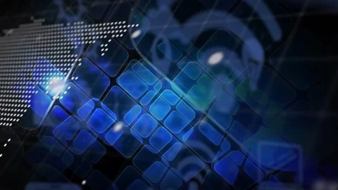 Light pulse sparking, interface shifting, revealing halftone map, blue tiles and Stock Footage 329453640