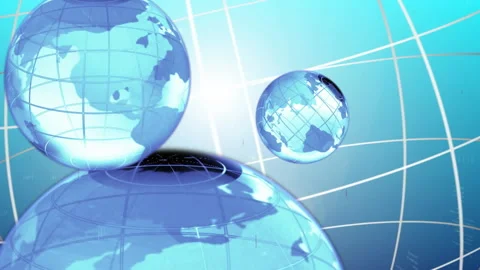 Light pulsing blue globes spinning with red data symbols drifting over grid for Stock Footage 314848624
