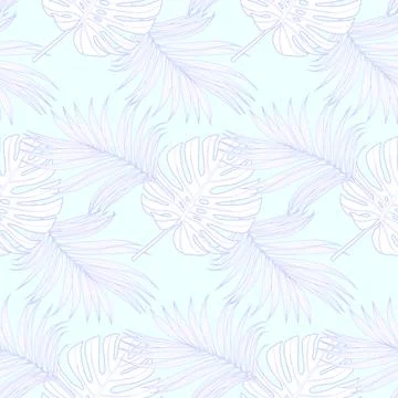 Light purple tropical seamless pattern with palm leaves and monstera leaves Stock Illustration