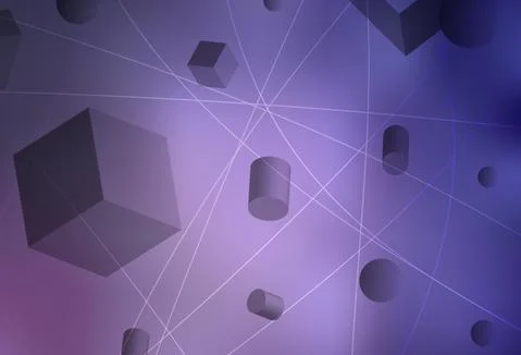 Light Purple vector background with 3D cubes, cylinders, spheres, rectangles. Illustrazione stock