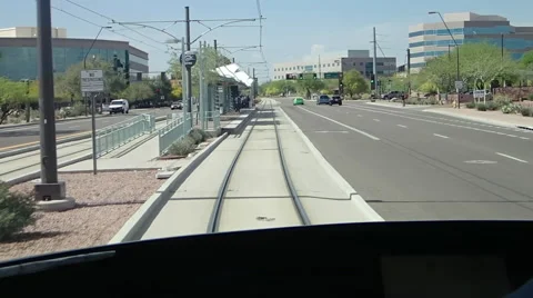 Light rail coming into station from drivers seat. Stock Footage 41590855