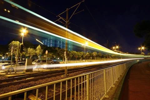 Light rail at night Stock-Fotos