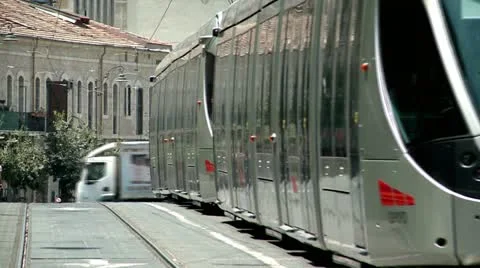 Light rail Train of City of Jerusalem Stops Stock Footage 19812434