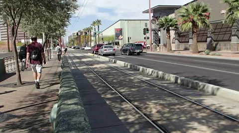 Light Rail train leaving downtown station in Phoenix, Arizona Stock Footage 37600203