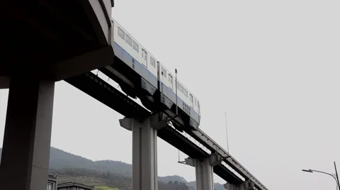 Light rail train leaving the station Stock Footage 47548186