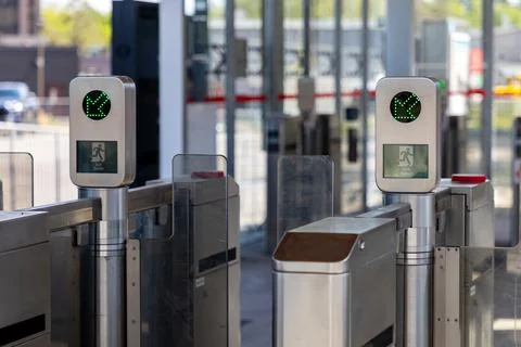 Light rail transit station entry fare gates close up in Ottawa, Canada 写真素材