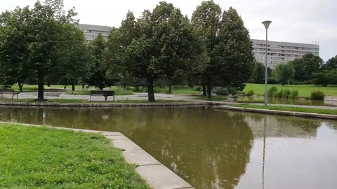 Light rain is falling in the park. People walk in the park. Stock Footage 167234601
