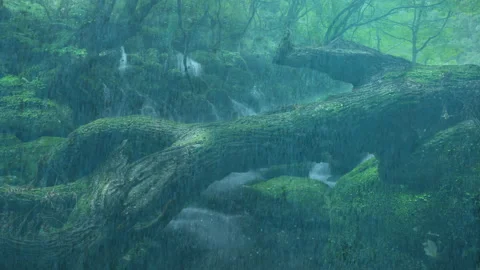 Light rain filled with dew lingered on the trunks of trees in the rainforest 動画素材 200858500
