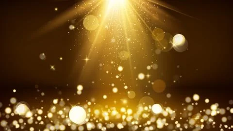 Light rays and golden falling glittering dust. Shiny spotlight or scene. Blur Stock Illustration