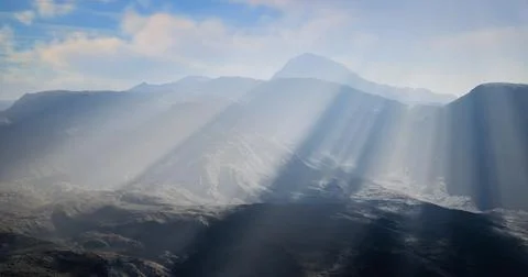 Light rays illuminating mountainous landscape under cloudy sky Stock Illustration